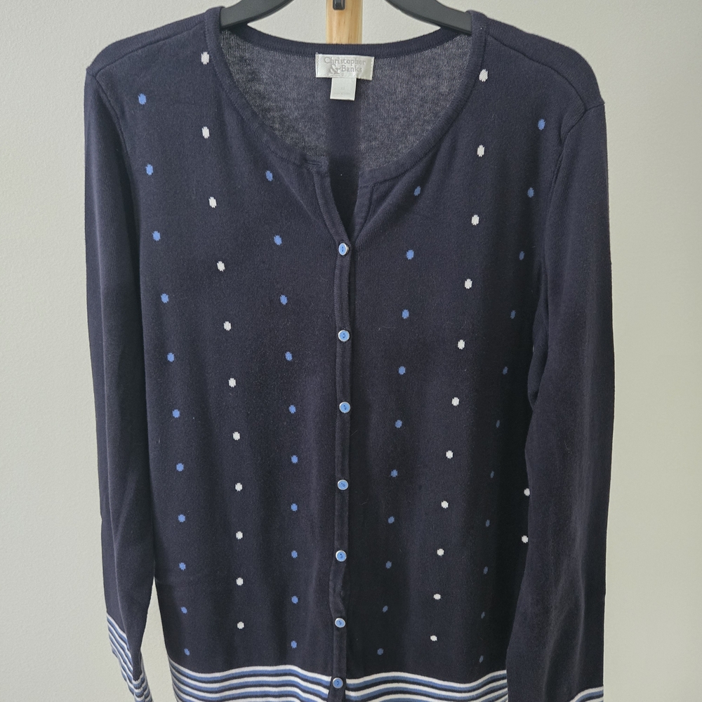 Christopher & Banks Navy Cardigan with Polka Dots